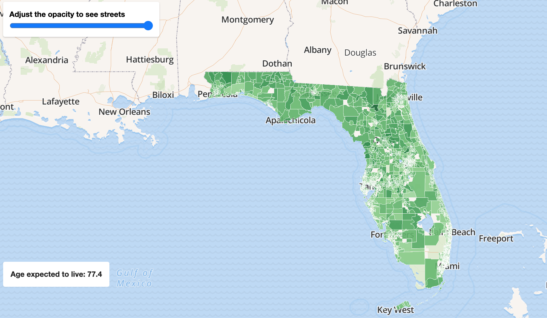 Map of Florida census tracts and life expectancy